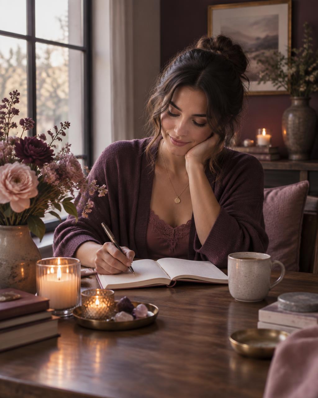 A woman journaling in soft candlelight